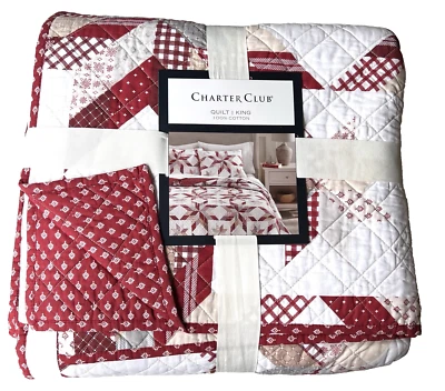 Edredón reversible Charter Club Heirloom Star King $260 100 % algodón rojo combo Foto 1 de 4