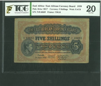 EAST AFRICA 5 SHILLINGS 1939 P26Aa NAIROBI - Image 1 of 2