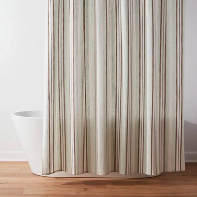 Threshold Coastal Brown & Teal Striped Shower Curtain w 12 Chrome Finish S Hooks - Image 1 of 4