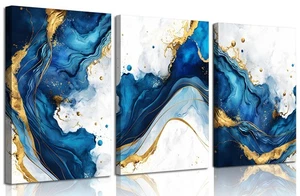 3Pcs Blue Gold Abstract Canvas Wall Art Modern White Blue Gold Foil Wall Deco... - Bild 1 von 7