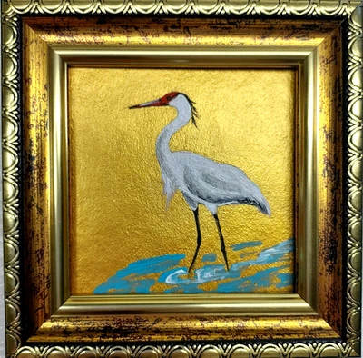 Cranes Painting Original Wildlife Birds Small Oil painting Golden Framed Art - Image 1 of 4