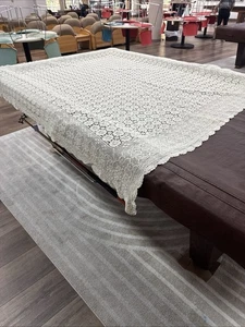 Vtg MCM Hand Crocheted Tablecloth 79" x 77" White Cotton - Picture 1 of 14