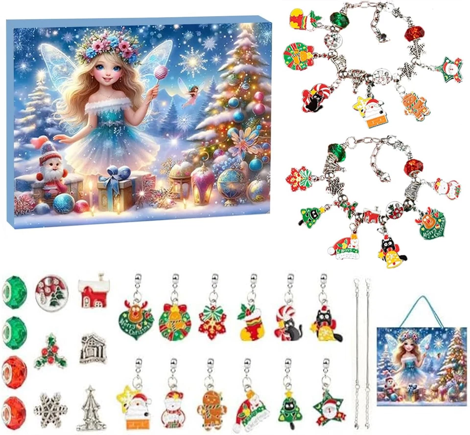 2025 Серебряный Рождественский браслет Advent календарь браслет, девочек-подростков 24 дней Xmas - Изображение 1 из 4