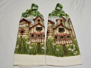 Handmade Chrochet hanging Kitchen Towel set of 2 Bird House Flowers Butterfly - Picture 1 of 1