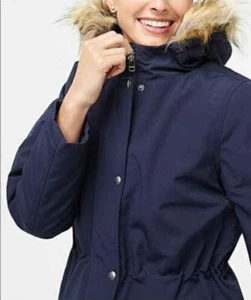 J. Crew Womens Parka Coat Jacket S Faux fur trim hooded navy blue winter AG513 - Picture 1 of 6