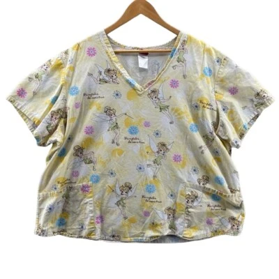 DISNEY Scrub Top Womens 2XL Yellow Cotton Tinkerbell Pockets - Image 1 of 4