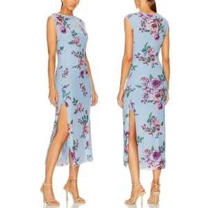Free People Carmel Midi Dress Size Medium Blue Floral Mesh Overlay Side Slit - Picture 1 of 11