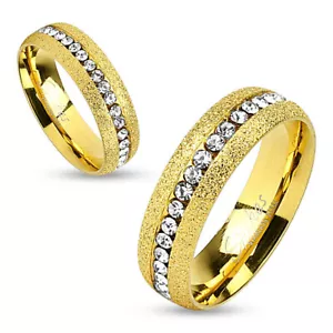 Glittery Gold IP Stainless Steel Eternity Wedding Band Ring w/CZ - Picture 1 of 8