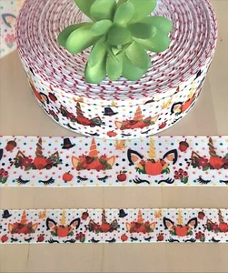 7/8 & 1.5" (1 YD) Thanksgiving Unicorn Grosgrain Ribbon Halloween Pumpkins Acorn - Picture 1 of 2