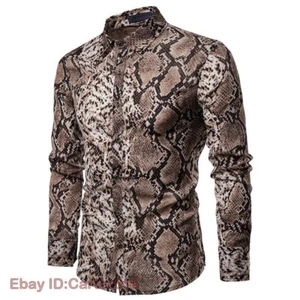 New Fashion Men's Snake Print Lapel Shirt Long Sleeve Button Casual Top - Picture 1 of 13