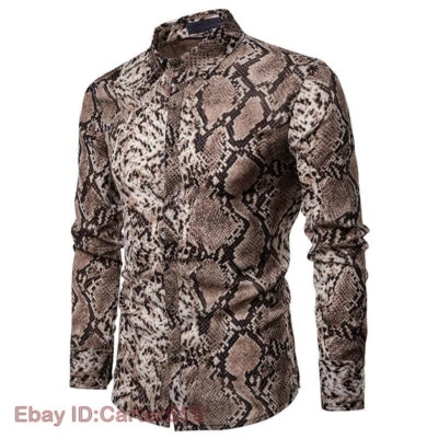 New Fashion Men's Snake Print Lapel Shirt Long Sleeve Button Casual Top - Image 1 of 4