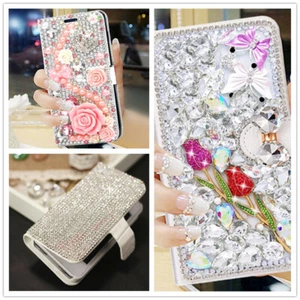 Rose PU Leather Women Girl Card Wallet Diamond Bling Phone Crossbody Case Cover - Picture 1 of 9
