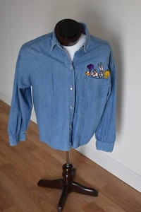 Looney Tunes Denim top size L 100% cotton 1992 Top Line USA above pocket design - Picture 1 of 10