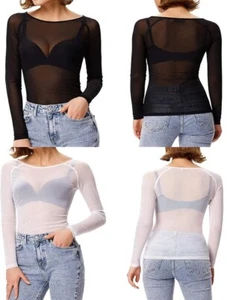 Body de mujer manga larga con cuello polo de malla transparente de leotardo y cuello tortuga - Imagen 1 de 9