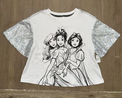 Blusa blusa manga curta nova com etiquetas Disney Sketch princesas lantejoulas tamanho pequeno - Imagem 1 de 4