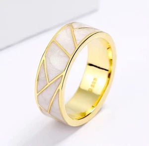 Cream Enamel Ring Sizes N P R T 18k Gold Plated Retro Geometric Design - Picture 1 of 4