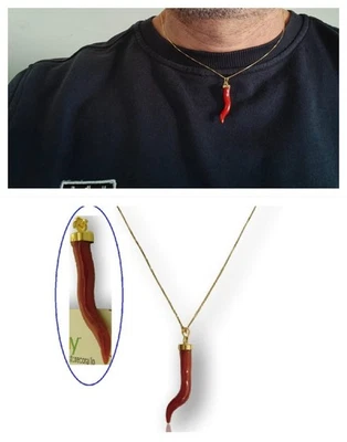 Collana argento 925 uomo e PL in oro 18kt catenina con Ciondolo Corno di Corallo - Immagine 1 di 4
