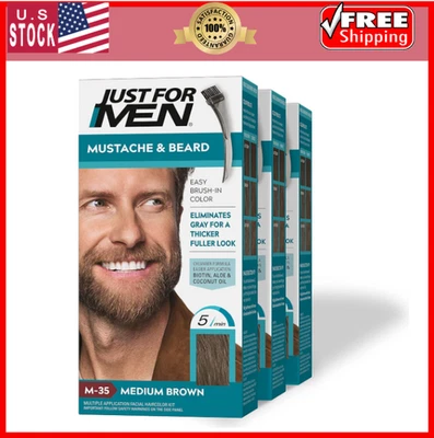 Только для мужчин краска для бороды, щетка в комплекте, биотин и масла - средний коричневый, M-35, 3-Pk - Изображение 1 из 4