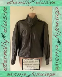 Vintage 70s 80s Khaki Olive Genuine Leather Harrington Flying Bomber Jacket L - Picture 1 of 23