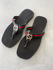 GUCCI Enamel GG Web Flip Flops Black/Red/Green Flat Thong Sandal Size EU 40 US 9