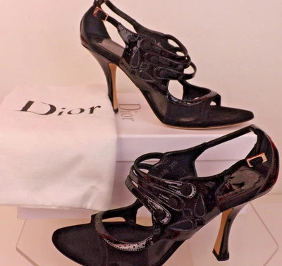 NIB CHRISTIAN DIOR BLACK PATENT LEATHER SUEDE STRAPPY HEEL PUMPS SANDALS 41 - Image 1 of 4