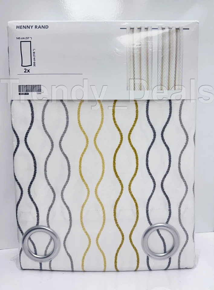 Ikea HENNY RAND curtains 57x118 " 1 pair white/gray yellow 605.601.59 -