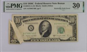 1950 C Federal Reserve Banknote Boston $10 dollars Butterfly Fold Error PMG 30