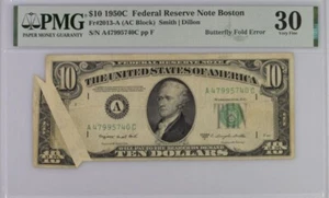 1950 C Federal Reserve Banknote Boston $10 dollars Butterfly Fold Error PMG 30 - Picture 1 of 2