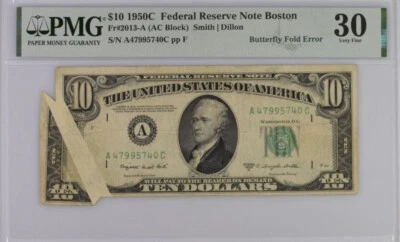 1950 C Federal Reserve Banknote Boston $10 dollars Butterfly Fold Error PMG 30 - Image 1 of 2