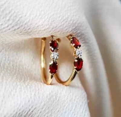 Red Ruby Lab-Created 1.00Ct Oval Cut Huggie Hoop Earrings 14K Yellow Gold Plated - Image 1 of 4
