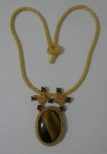 HAND-CRAFTED BEADED TIGERS EYE PENDANT NECKLACE - Picture 1 of 8