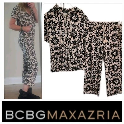 NUEVO CON ETIQUETAS $140 BCBG MaxAzria Talla M Negro Beige Chándal Conjunto de 2 piezas Con Capucha Cremallera Completa Terry  Foto 1 de 4