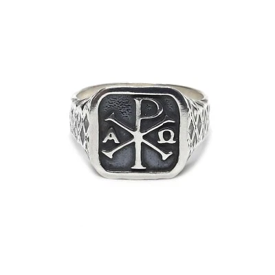 Genuine Sterling Silver Men Ring Chi Rho Alpha Omega Solid Stamped 925 Handmade - Image 1 of 4