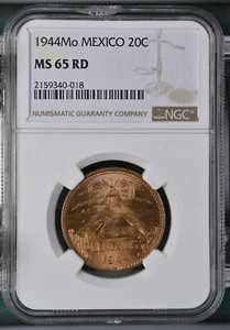 1944 Mo Mexico 20C Centavos Type 1 National Emblem Bronze NGC 65 RD - Picture 1 of 6