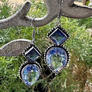 Dangle Earrings Teardrop Blue Topaz 925 Sterling Silver Ornate Handcrafted 1.75" - Picture 1 of 8