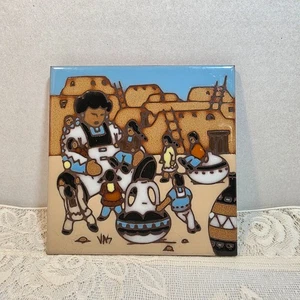 Remache de azulejos de arte de escena nativa americana Earthtones 1990 Tucson EE. UU. 6x6" - Imagen 1 de 8