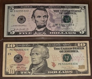 $5 And $10 FRNs With Matching Serial Number 53225533 2013 2017A Free Shipping - Picture 1 of 1