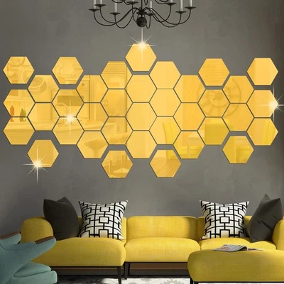 RW-103 36 Pcs Acrylic Hexagon Mirror Decals DIY Removable 3D Geometric Mirror... - Image 1 of 4