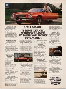 1975 Red Camaro Original 70s Vintage Chevrolet Print Ad "Runs Leaner & Cleaner" - Bild 1 von 5