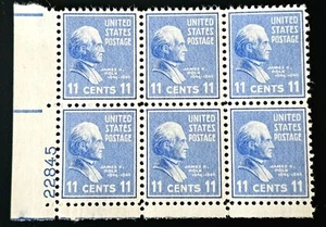 US STAMP BLOCK (6) JAMES POLK 1938 11c SC#820(PREXIE) PL.22845 MNHOG!! - Picture 1 of 2