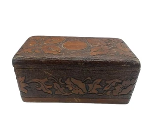 Carved Poppy Floral Wooden Jewelry Pencil Trinket Pen Box Home Decor Brown - Picture 1 of 11