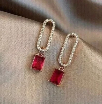2Ct Emerald Cut Simulated Ruby Drop Dangle Earrings 14k Yellow Gold Plated - Image 1 of 3