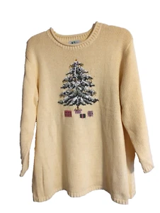 QUACKER FACTORY Tunic Sweater Butter Yellow Crew Neck X-mas Holiday QVC lg slv - Picture 1 of 6