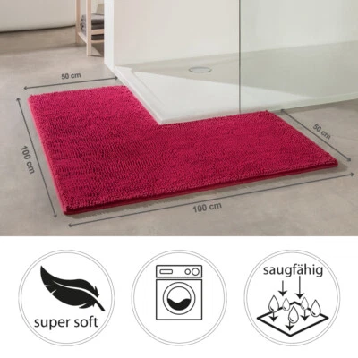 Rutschfeste Eck Badematte (Mikrofaser) 50x100x100cm - Waschbar, Chenille Burgund - Bild 1 von 4