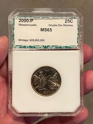 2000-P  Massachusetts State Quarter BU Unc Double Die Obverse DDO - Variety - Image 1 of 4