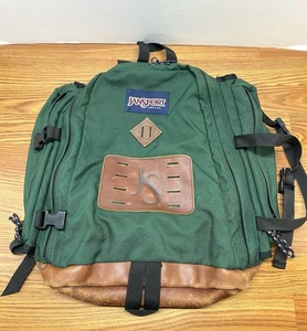 Vintage JanSport Leather Bottom Backpack Super Sack Hiking Camping Green USA - Picture 1 of 14