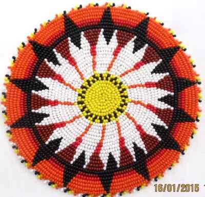 NATIVE STYLE HANDMADE ORANGE BLACK BEADED APPLIQUES ROSETTE 5 INCH - Image 1 of 2