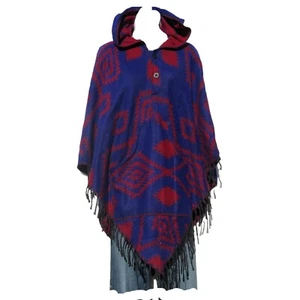 Poncho|2 Button|Fringe|Hood+Pocket|Boho| Tribal |Yak Wool Blend|1 Size|Blue - Picture 1 of 6