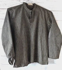 New Kurta Shirt Men 1/3 Button Up Brown 100% Cotton Striped Cuffless Long Sleeve - Imagen 1 de 11
