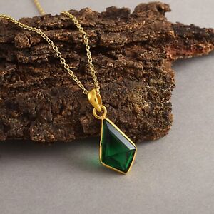 Natural Green Emerald 18k Gold Plated Pendant With 18" 925 Silver Chain Necklace